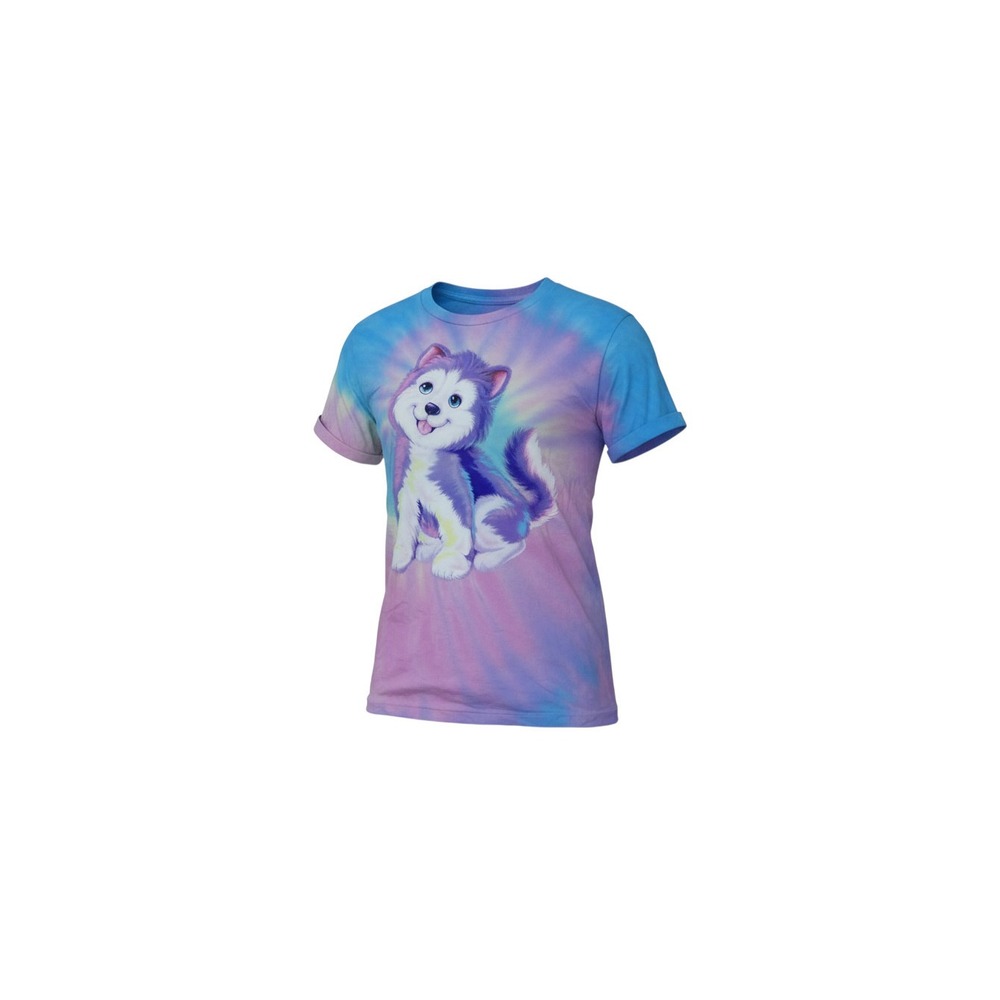 Lisa Frank T-Shirt Womens Small Blue Purple Tie Dye Husky Puppy Graphic Tee